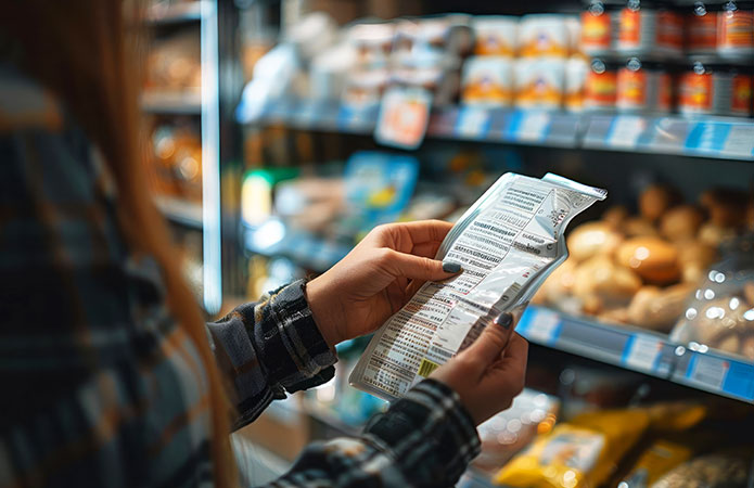 Donna in un supermercato con degli scontrini in mano davanti ad una scaffalatura, simbolo dell'articolo del blog food di Lifeanalytics sui Claim “vegano”, “proteico”, “senza lattosio” e altri: Guida e indicazioni per l’etichettatura degli alimenti