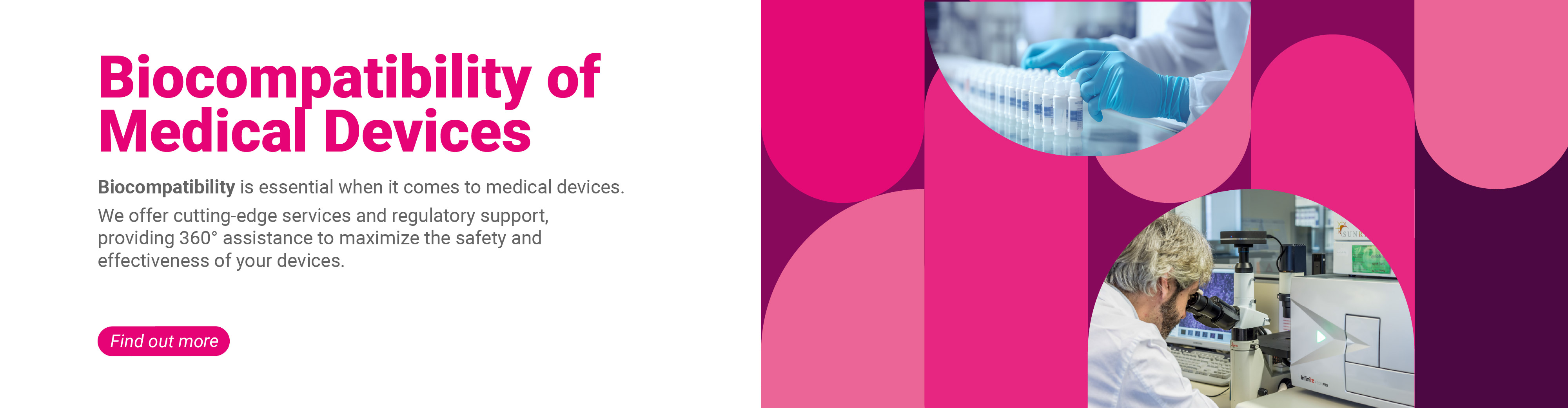 Image representing a laboratory operator handling analysis instruments for Cosmetics and Medical Device within a graphic of fuchsia like the Business Unit Cosmetic and Medica Device, symbol of the biocompatibility of medical devices, service offered by Lifeanalytics