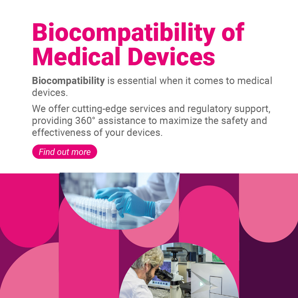 Image representing a laboratory operator handling analysis instruments for Cosmetics and Medical Device within a graphic of fuchsia like the Business Unit Cosmetic and Medica Device, symbol of the biocompatibility of medical devices, service offered by Lifeanalytics