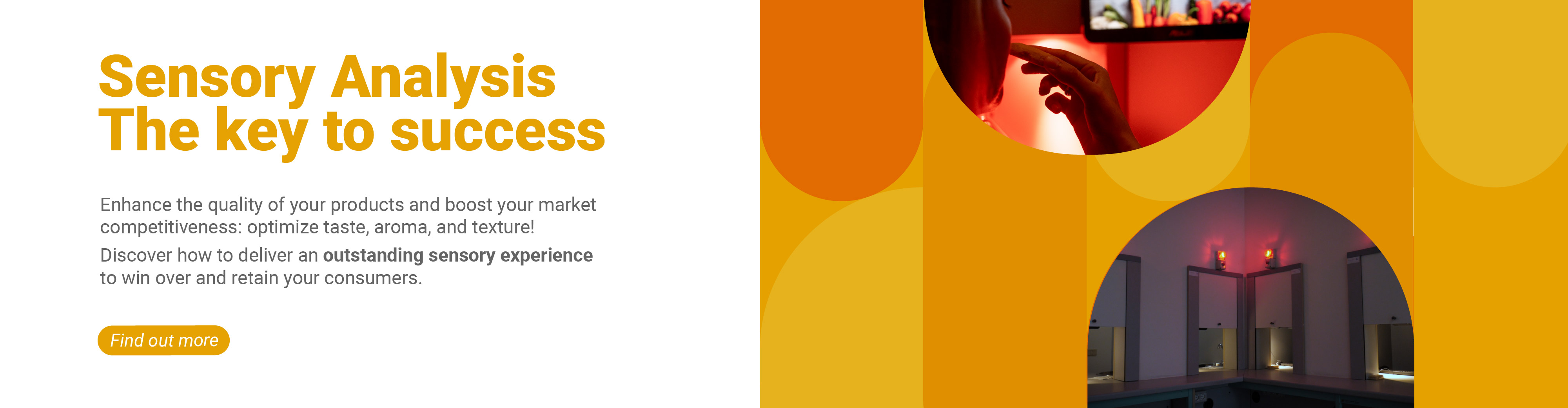 Image representing a person tasting a food and sensory rooms within an orange graphic such as the Business Unit Food, symbol of sensory analysis, service offered by Lifeanalytics