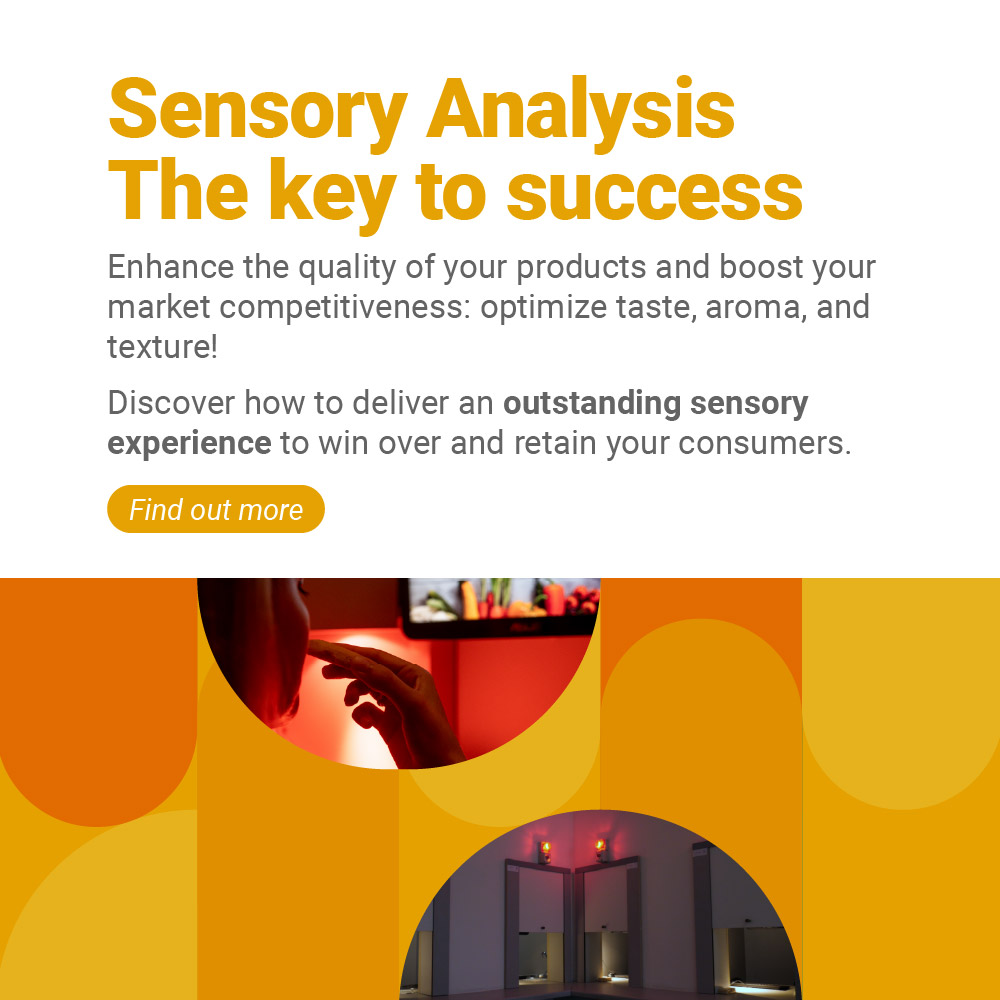 Image representing a person tasting a food and sensory rooms within an orange graphic such as the Business Unit Food, symbol of sensory analysis, service offered by Lifeanalytics
