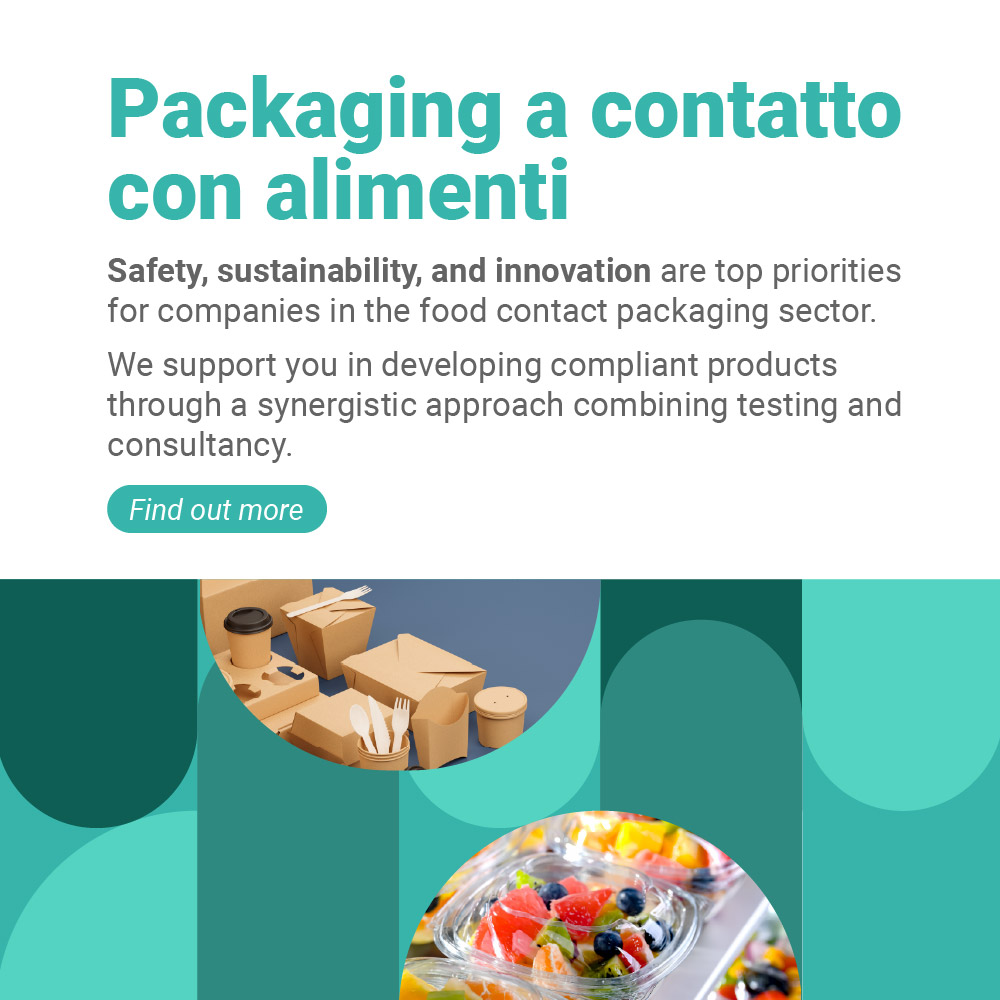 Image representing food packaging in plastic and paper within a blue graphic as the Business Unit Product Safety, symbol of safety, sustainability and innovation offered by Lifeanalytics