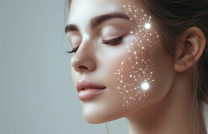 Donna con pelle luminosa e diagramma astratto di connessioni neuronali sulla guancia, concetto di neurocosmesi e connessione mente-pelle, simbolo dell'articolo del blog cosmetic and medical device di Lifeanalytics sulla Neurocosmesi: Cos'è, come funziona e perché sta rivoluzionando il mondo della cosmetica