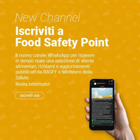 Immagine che illustra il mockup di uno smartphone che illustra la possibilità di iscriversi al canale WhatApp Food Safety Point della business unit Food di Lifeanalytics per rimanere sempre aggiornato in tempo reale su allerte alimentari e richiami, e molto altro ancora