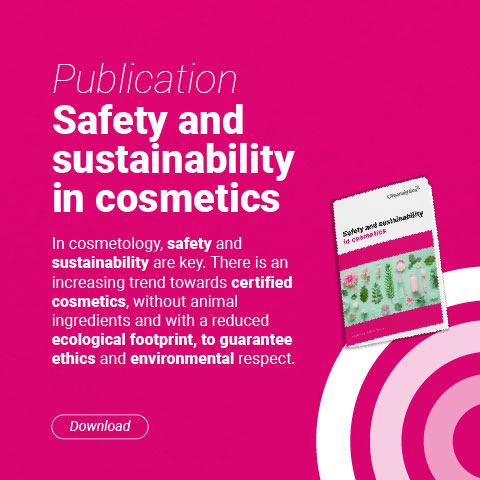 Publication on safety and sustainability in cosmetics, symbol of the free ebook of Lifeanalytics business unit cosmetics on safety and sustainability in cosmetics