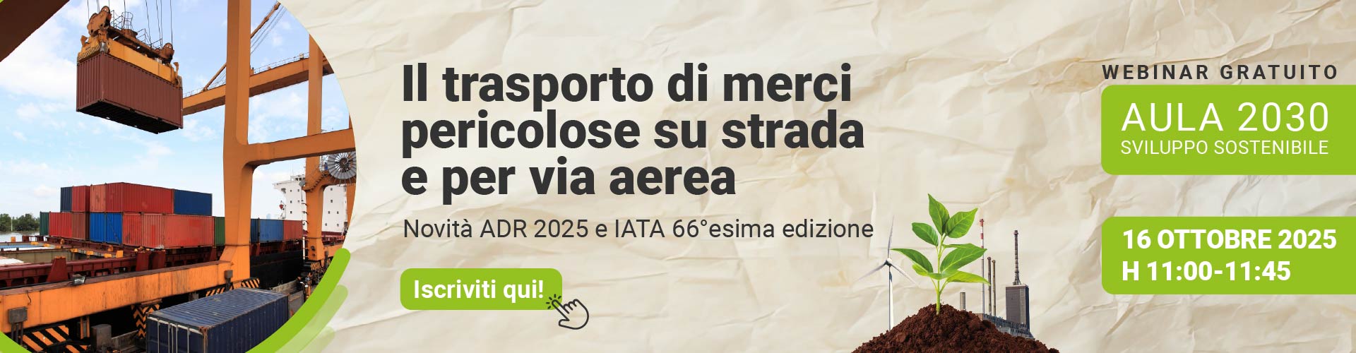 Immagine di container che vengono spostati, simbolo del webinar gratuito EHS di Lifeanalytics sul trasporto internazionale di merci pericolose, previsto per il 16 ottobre 2025, nell'aula virtuale 2030