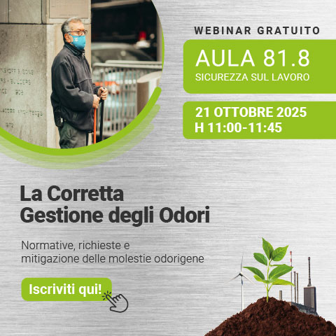 Immagine di una persona in piedi che indossa mascherina all'aria aperta, simbolo del webinar gratuito EHS di Lifeanalytics sulla corretta gestione degli odori, previsto per il 21 ottobre 2025, nell'aula virtuale 81.8