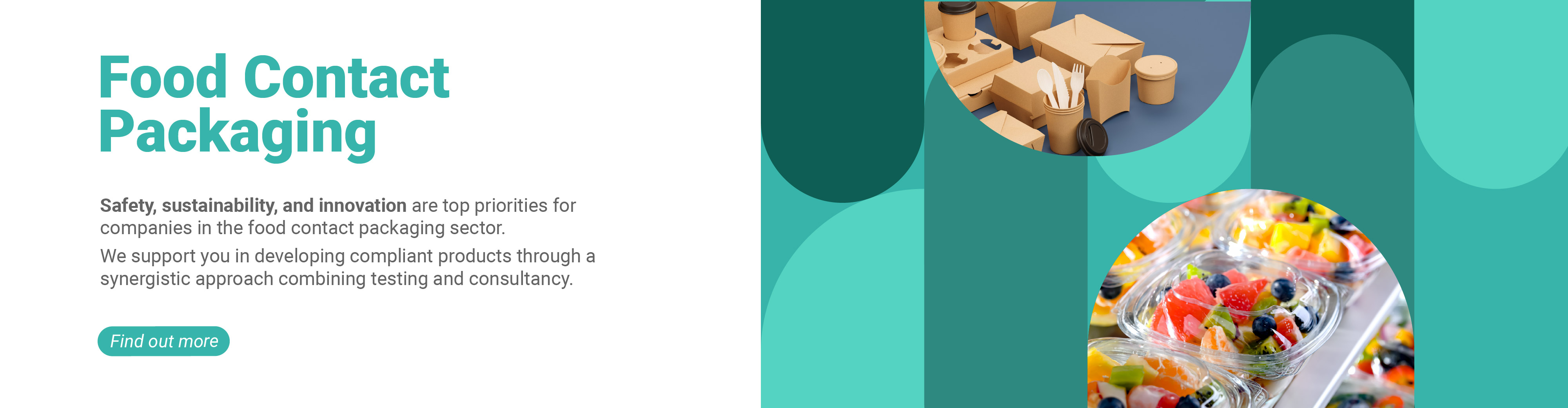 Image representing food packaging in plastic and paper within a blue graphic as the Business Unit Product Safety, symbol of safety, sustainability and innovation offered by Lifeanalytics