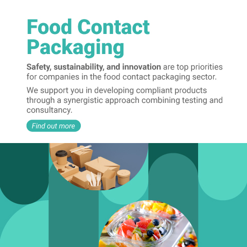 Image representing food packaging in plastic and paper within a blue graphic as the Business Unit Product Safety, symbol of safety, sustainability and innovation offered by Lifeanalytics