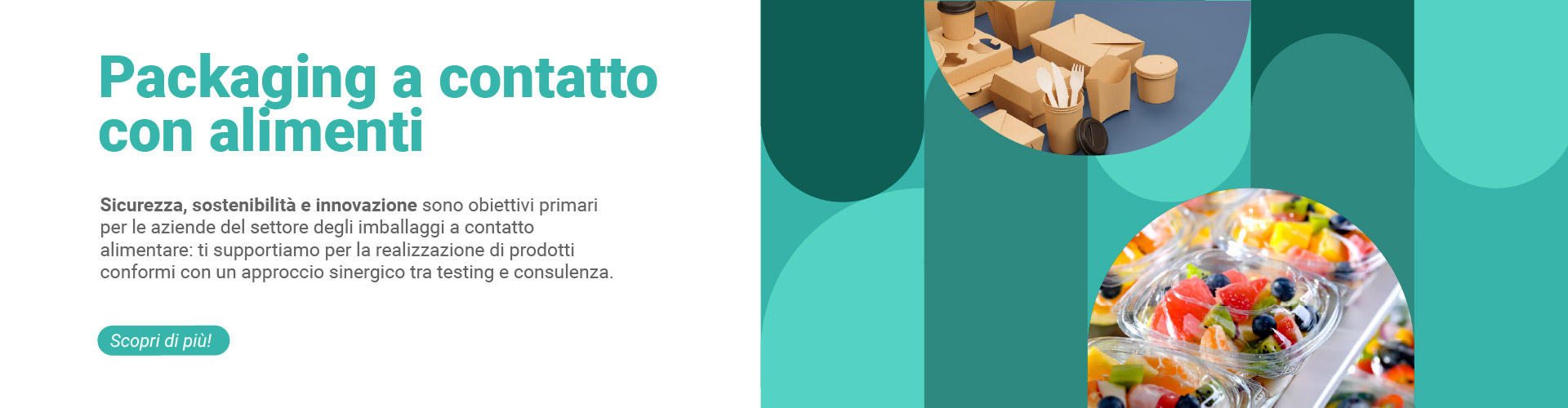 Immagine promozionale con elementi grafici azzurri e foto di imballaggi alimentari, simbolo dell’approfondimento Lifeanalytics dedicato al packaging a contatto con alimenti