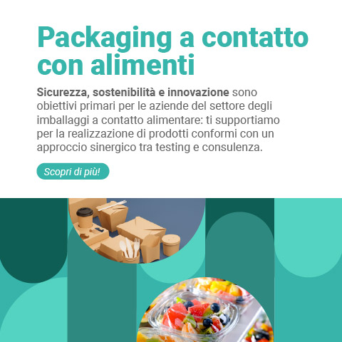 Immagine promozionale con elementi grafici azzurri e foto di imballaggi alimentari, simbolo dell’approfondimento Lifeanalytics dedicato al packaging a contatto con alimenti