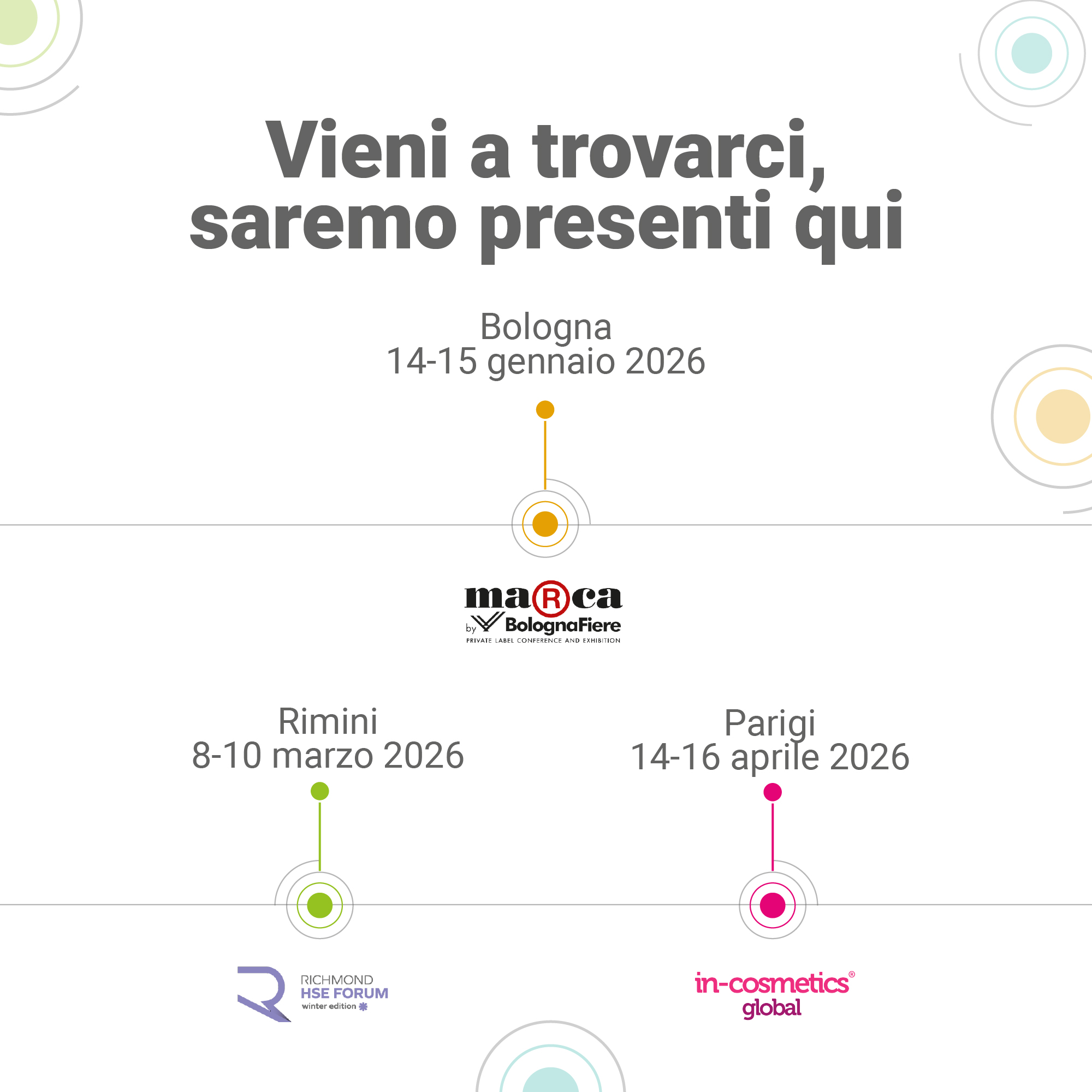 Immagine che illustra le prossime fiere a cui partecipa Lifeanalytics in ordine cronologico
