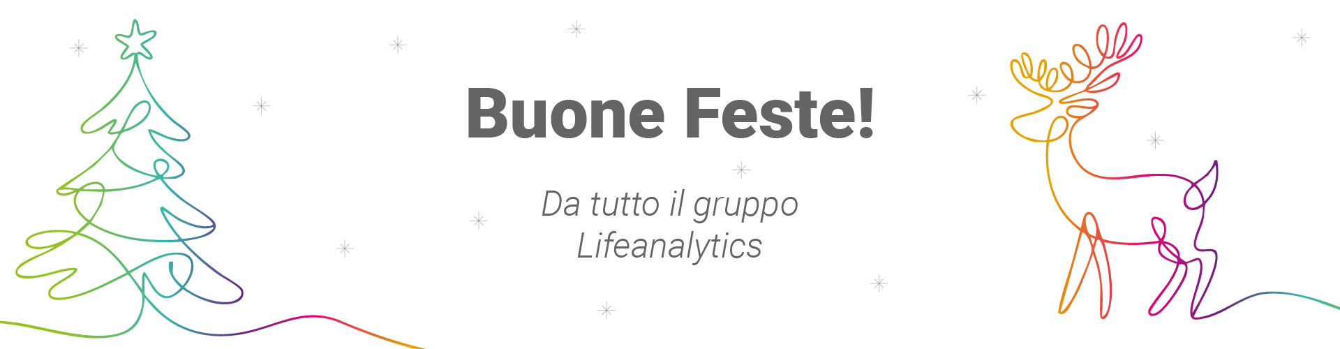 Immagine illustrata di un albero di natale ed una renna, accompagnati delle scritte di auguri di buone feste dal gruppo Lifeanalytics, simbolo delle festività di natale,