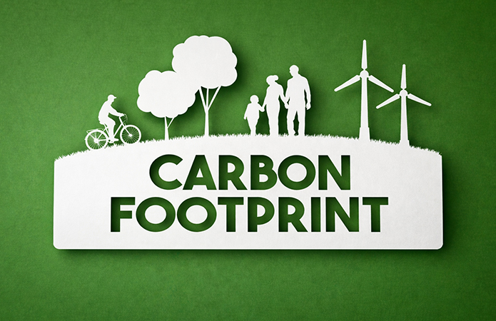 Immagine che rappresenta la Carbon Footprint con sagome di persone, alberi, bicicletta e turbine eoliche su sfondo verde, simbolo dell’articolo dedicato alla Carbon Footprint e alla sua importanza per la sostenibilità, della business unit EHS