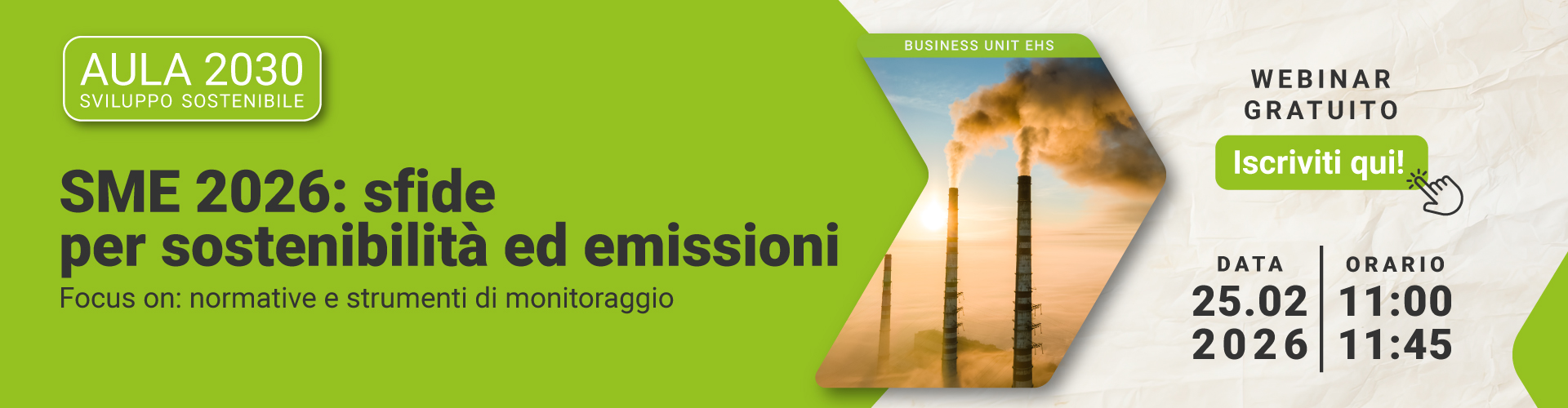 Immagine di tre ciminiere che stanno fumando con lo sfondo di un cielo all'alba, simbolo del webinar gratuito EHS di Lifeanalytics sullo SME 2026 sfide per sostenibilità ed emissioni, normative e strumenti di monitoraggio
