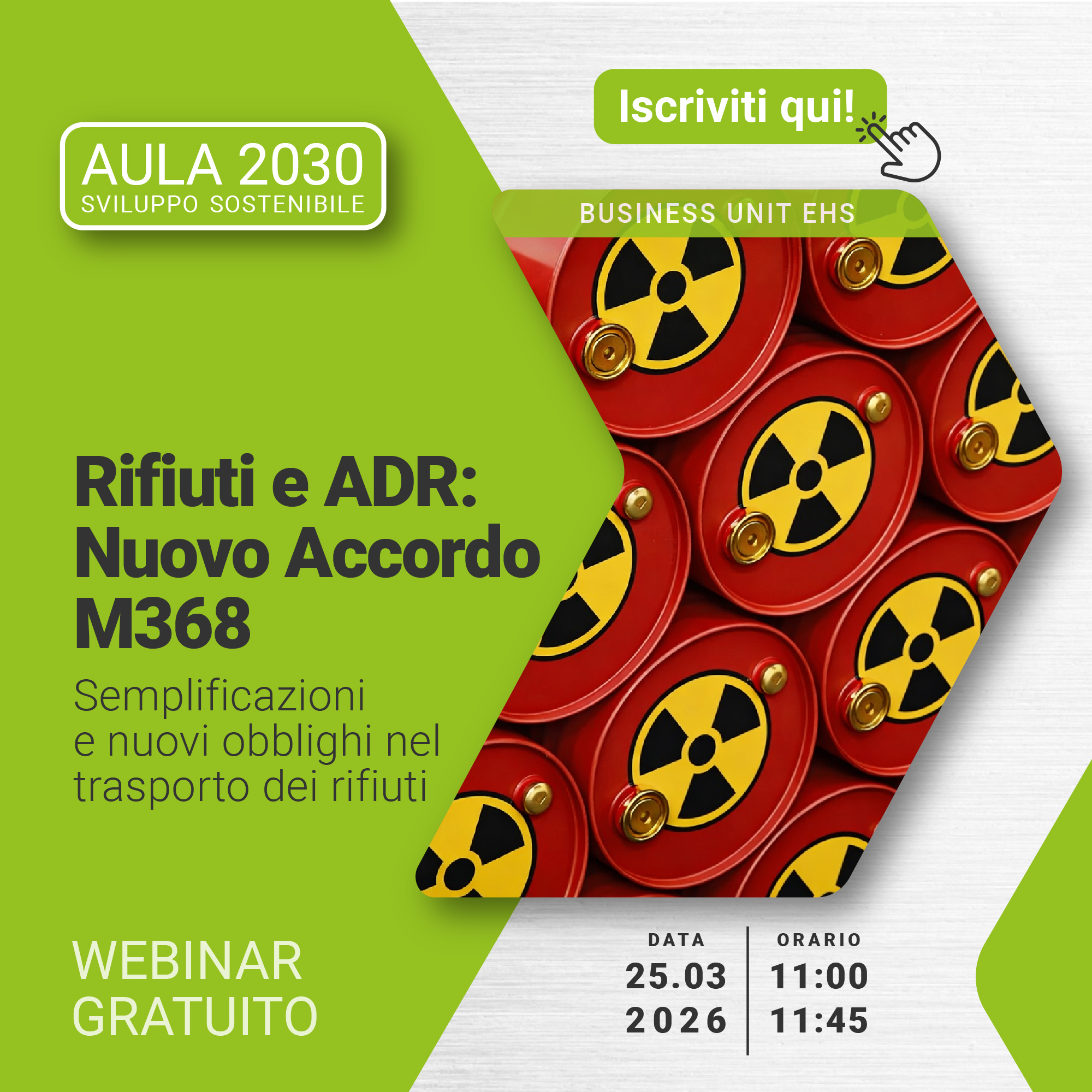 Immagine di simboli di pericolo gialli e neri, applicati su contenitori di metallo rossi, simbolo del webinar gratuito EHS di Lifeanalytics su Rifiuti e ADR: Nuovo Accordo M368