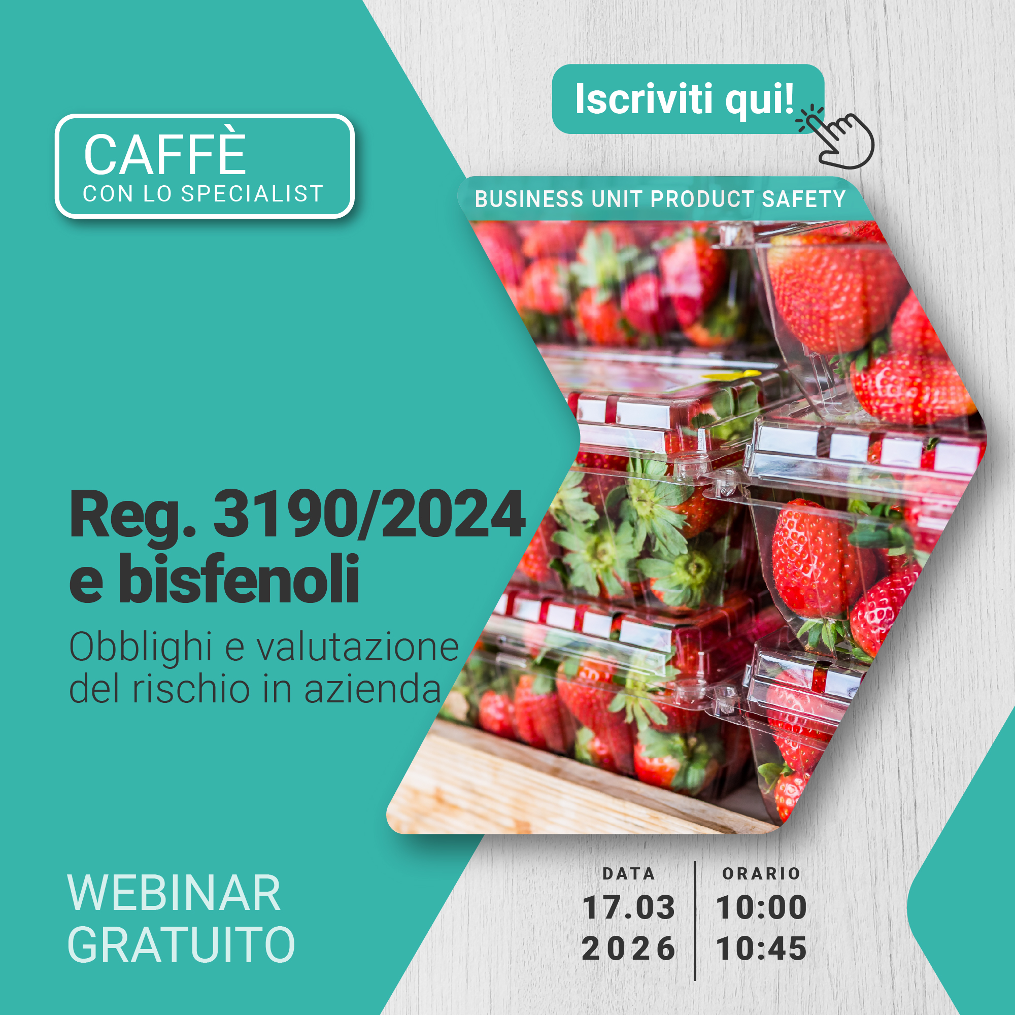 Immagine di alcune vaschette di plastica trasparente contenenti fragole, simbolo del webinar gratuito PRODUCT SAFETY che tratta la tematica del Reg. 3190/2024 e bisfenoli e obblighi e valutazione del rischio in azienda