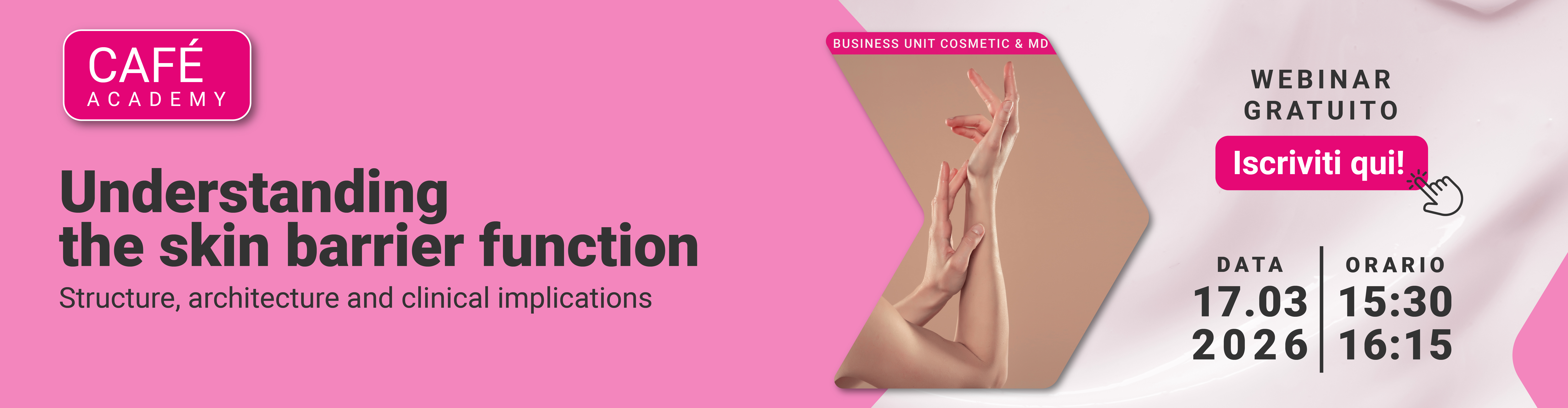 Immagine di due mani che si toccano insieme, simbolo del webinar gratuito cosmetic and medical device che tratta l'argomento della funzione barriera della pellene biologica dei DM