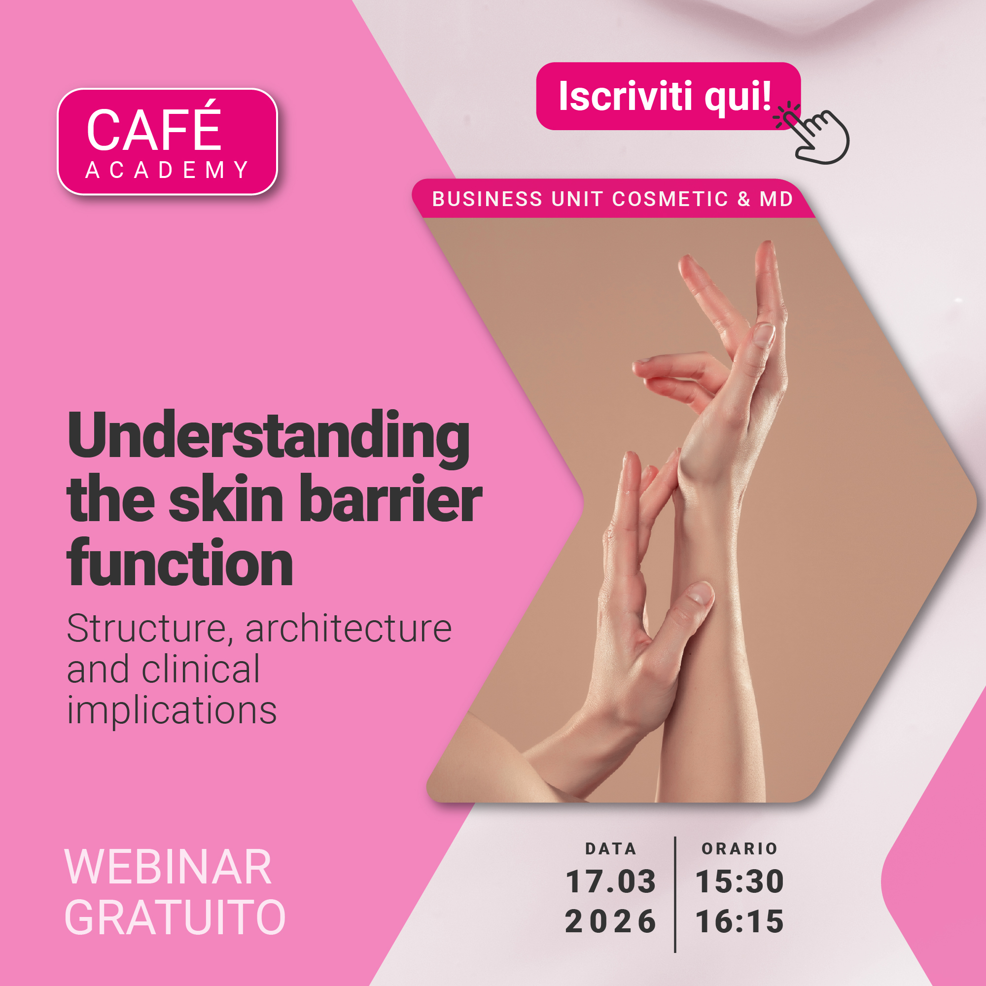 Immagine di due mani che si toccano insieme, simbolo del webinar gratuito cosmetic and medical device che tratta l'argomento della funzione barriera della pelle biologica dei DM