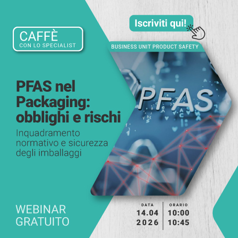 Immagine che rappresenta la scritta PFAS, simbolo del webinar gratuito PRODUCT SAFETY che tratta la tematica dei PFAS nel Packaging, obblighi e rischi con focus su inquadramento normativo e sicurezza degli imballaggi