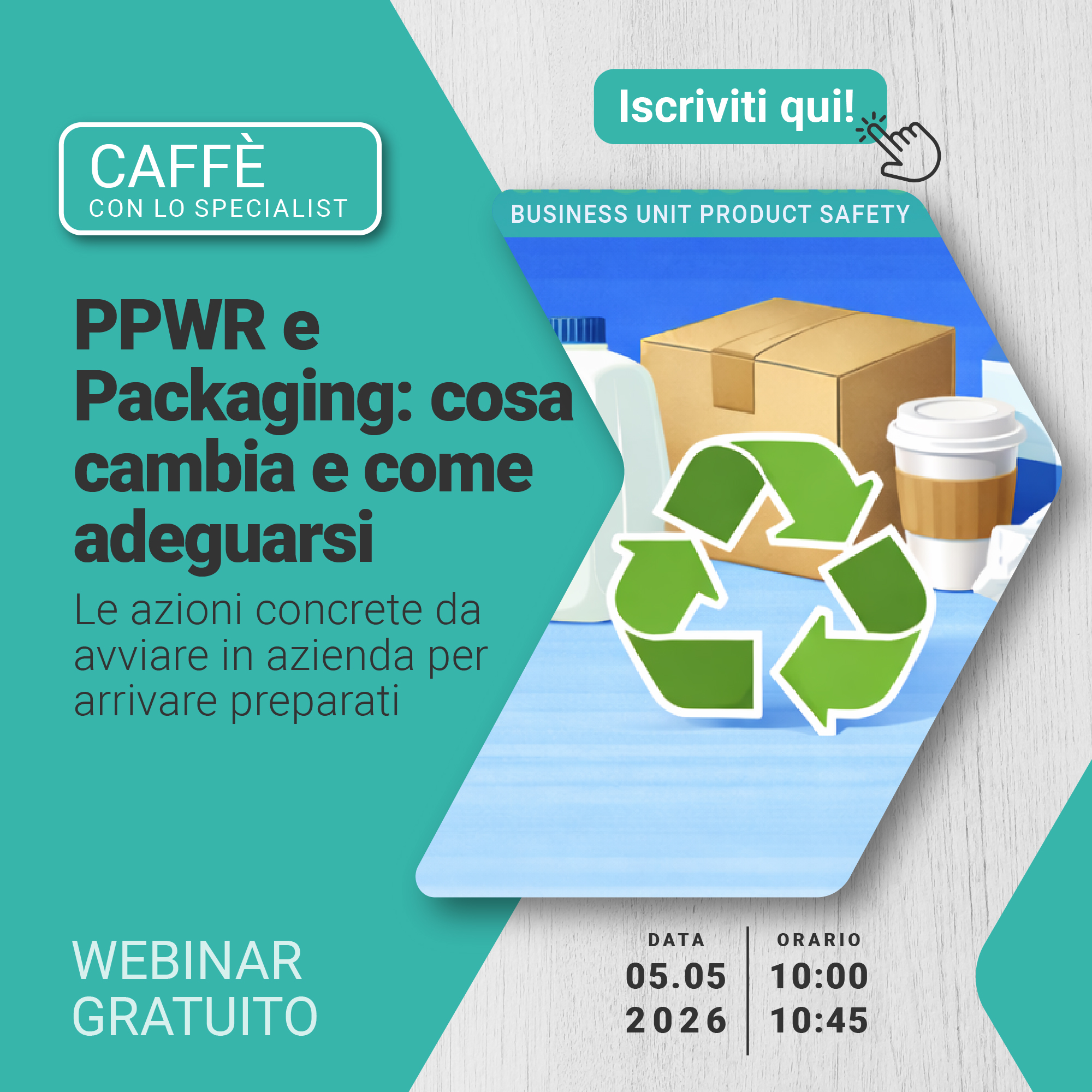 Immagine del simbolo del riciclo su uno sondo azzurro di scatole e contenitori riciclabili in cartone e tetrapack, simbolo del webinar gratuito Product Safety che tratta l'argomento PPWR e Packaging: cosa cambia e come adeguarsi con azioni concrete da avviare in azienda per arrivare preparati