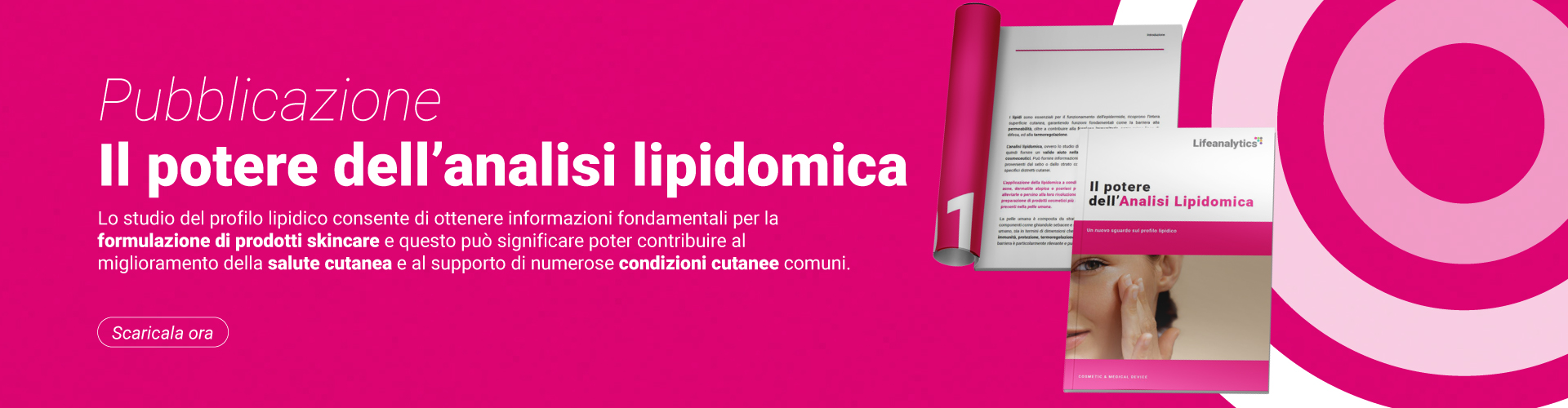 Immagine di una donna in primo piano con metà volto visibile ed una mano che sfiora la guancia, simbolo della copertina della pubblicazione della business unit Cosmetic and Medica Device di Lifeanalytics sul potere dell'analisi lipidomica