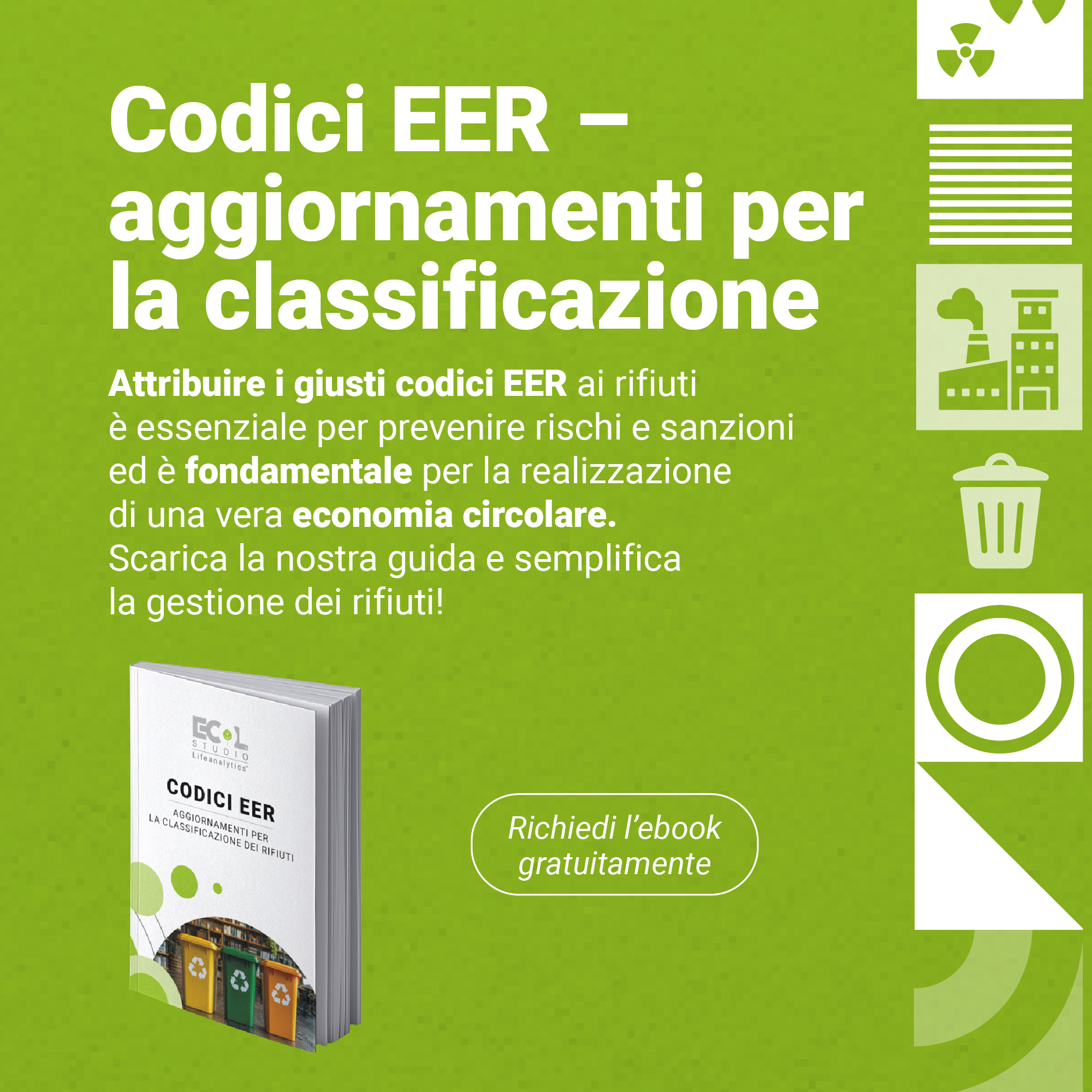 Immagine di un mockup della pubblicazione codici EER aggiornamenti per la classificazione dei rifiuti, simbolo della pubblicazione gratuita EHS di Lifeanalytics
