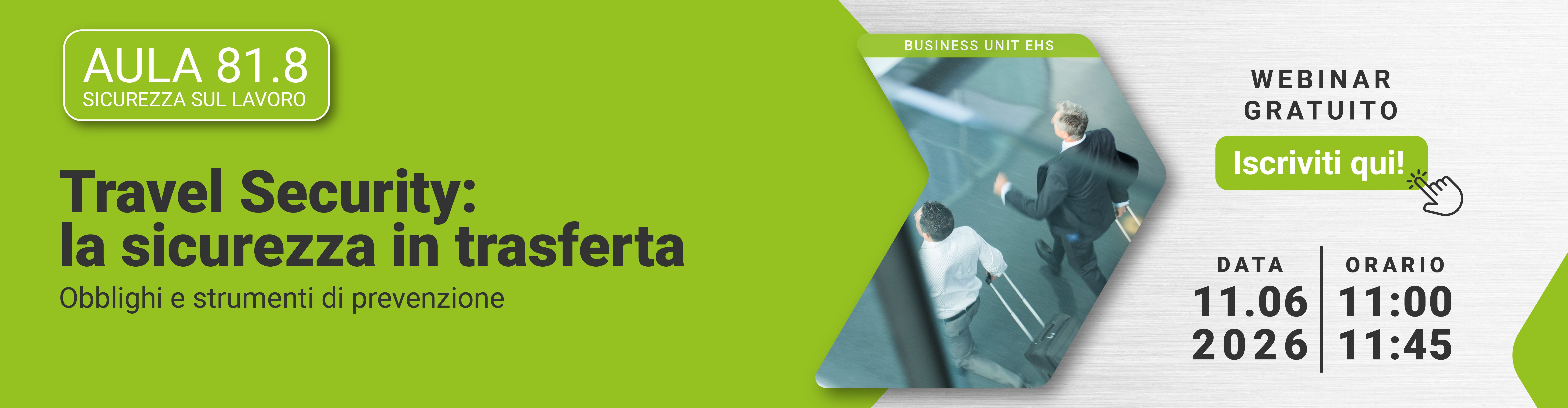Immagine di due business manager che si spostano velocemente con una valigia in mano, simbolo del webinar gratuito EHS che tratta l'argomento travel security, la sicurezza in trasferta e obblighi per il datore di lavoro e strumenti di prevenzione del rischio