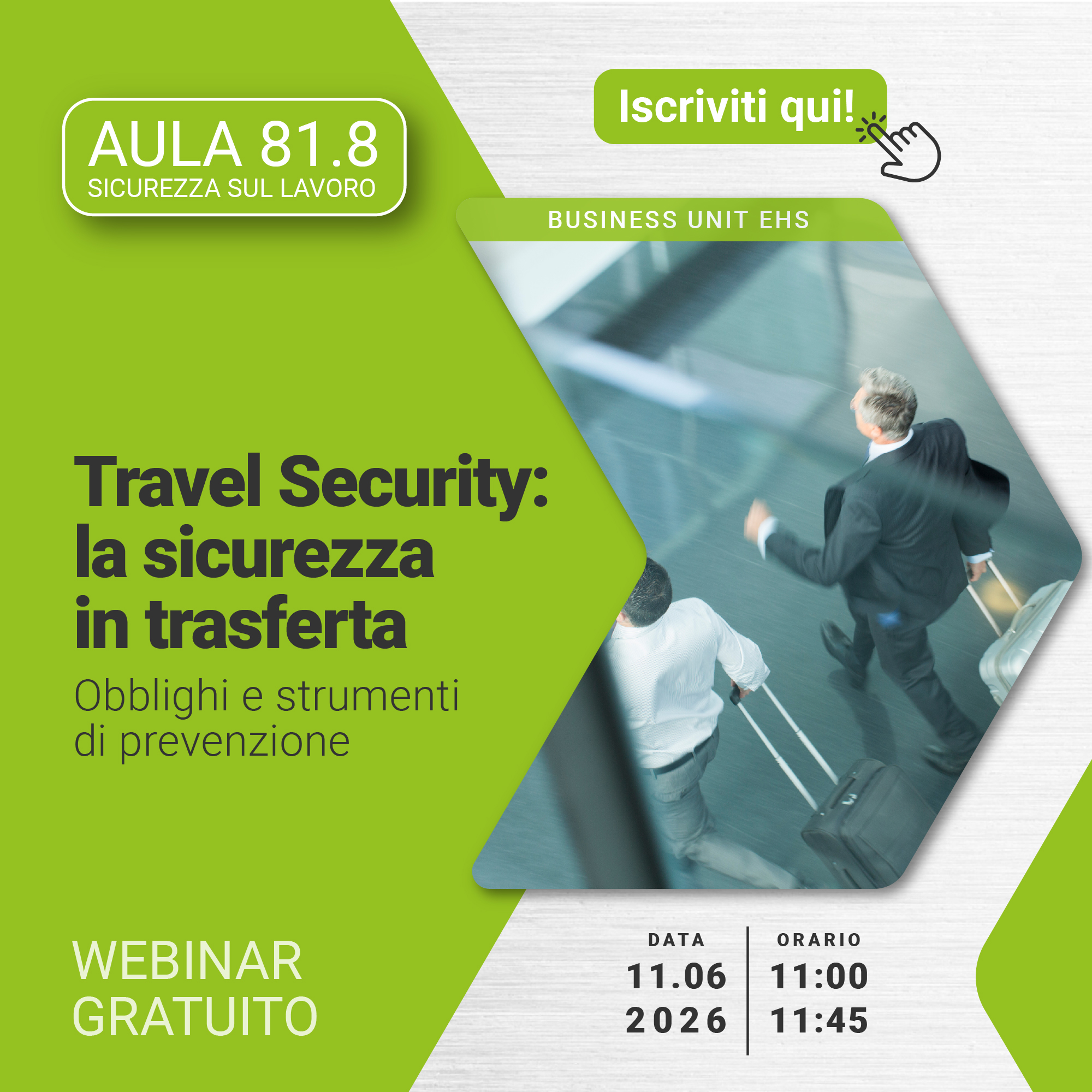 Immagine di due business manager che si spostano velocemente con una valigia in mano, simbolo del webinar gratuito EHS che tratta l'argomento travel security, la sicurezza in trasferta e obblighi per il datore di lavoro e strumenti di prevenzione del rischio