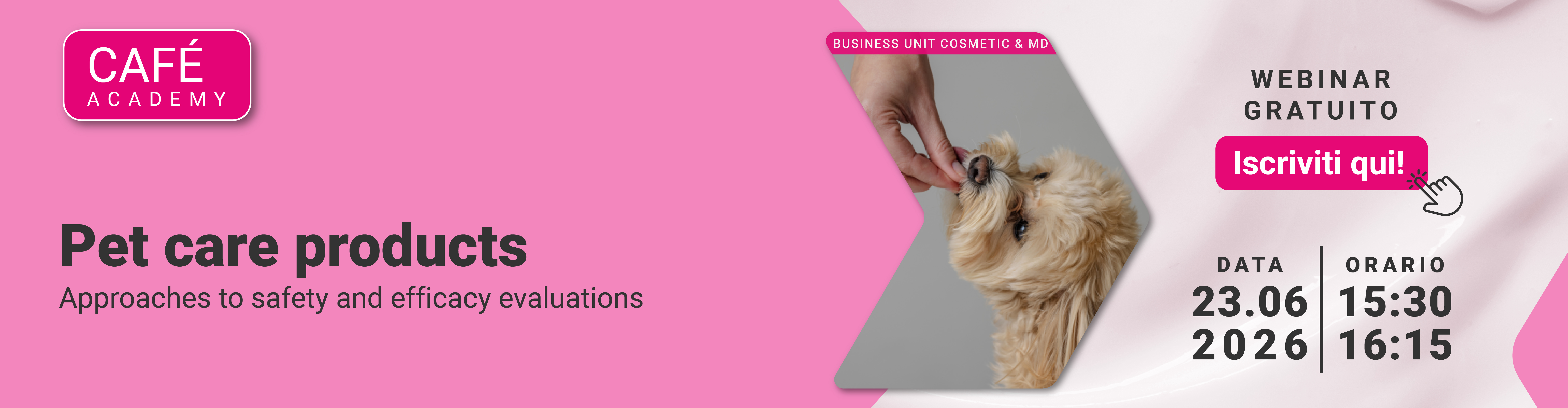 Immagine di un cagnolino beige che sta mangiando qualcosa dalla mano di una persona, simbolo del webinar della pubblicazione della business unit Cosmetic and Medical Device di Lifeanalytics su prodotti pet care, approcci alle valutazioni di sicurezza ed efficacia