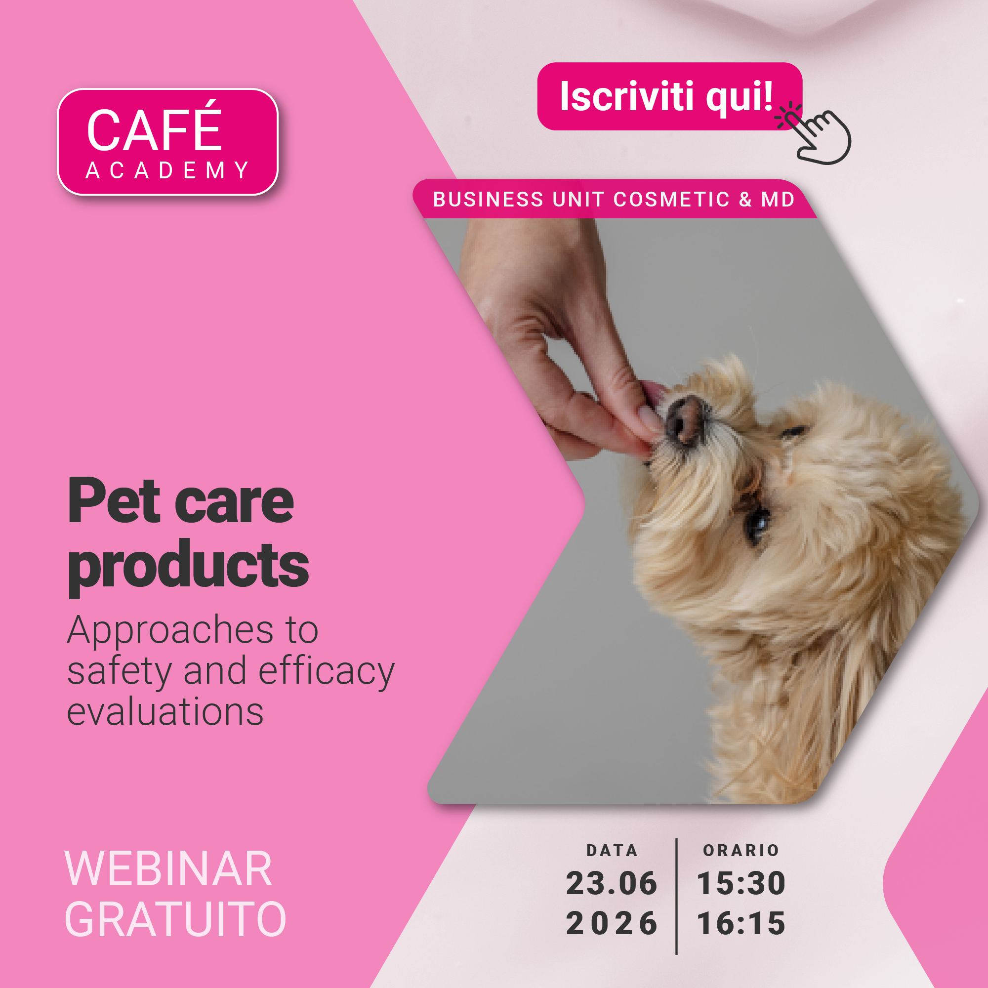 Immagine di un cagnolino beige che sta mangiando qualcosa dalla mano di una persona, simbolo del webinar della pubblicazione della business unit Cosmetic and Medical Device di Lifeanalytics su prodotti pet care, approcci alle valutazioni di sicurezza ed efficacia