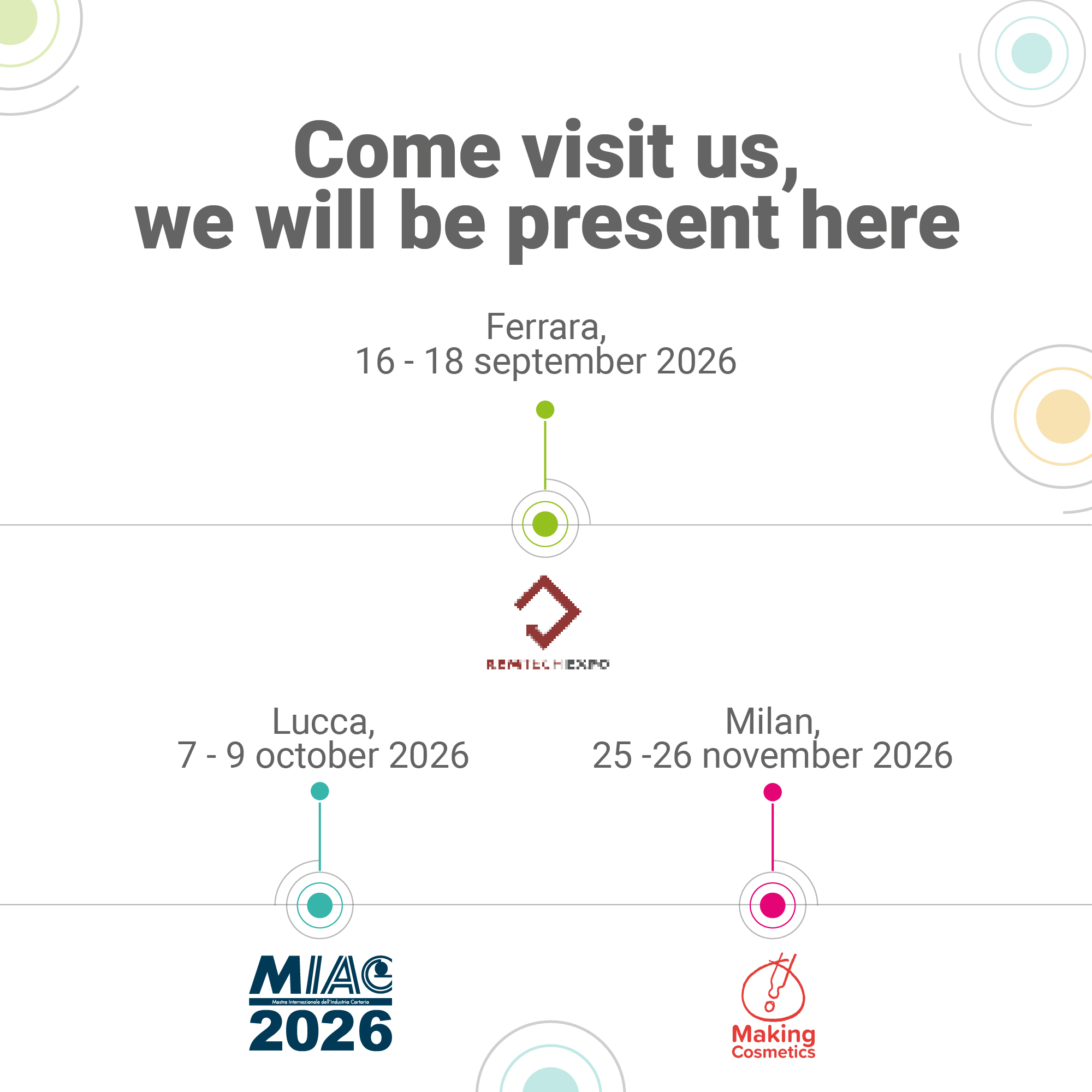 Image illustrating the upcoming fairs in which Lifeanalytics will participate in chronological order