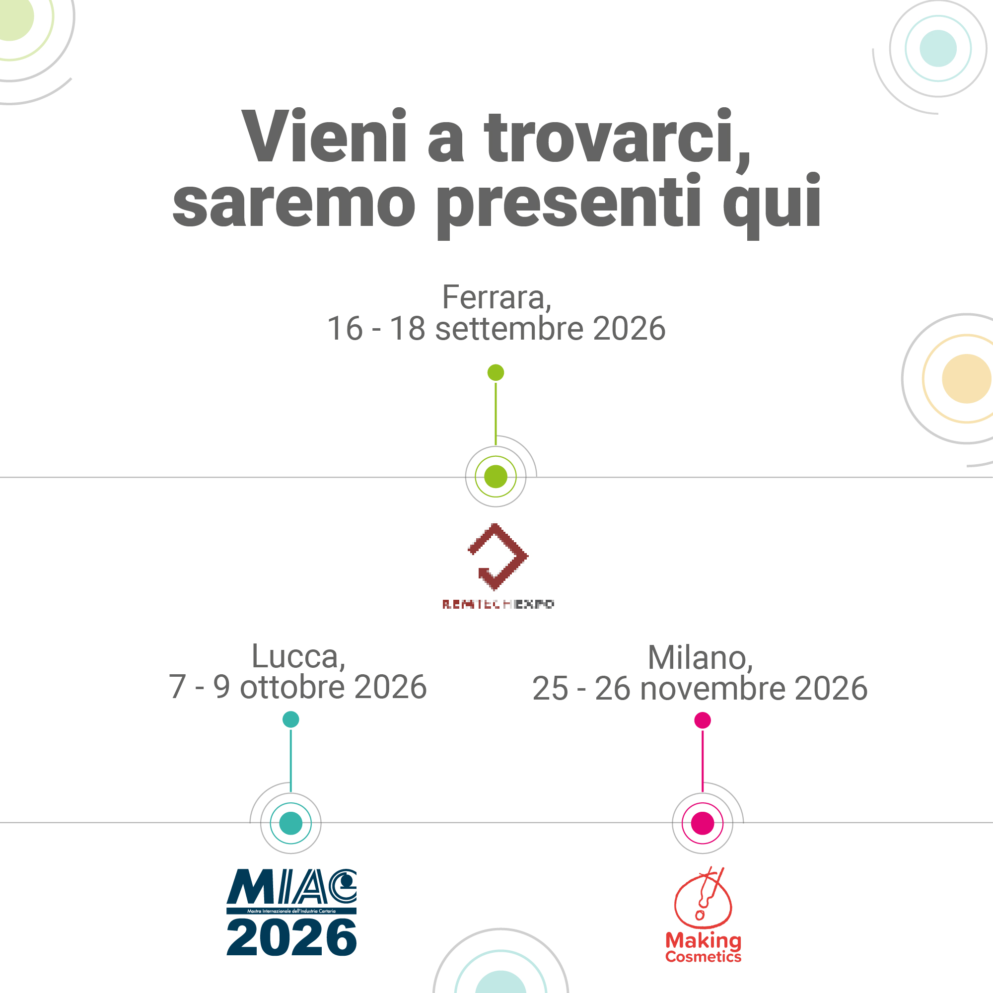 Immagine che illustra le prossime fiere a cui partecipa Lifeanalytics in ordine cronologico