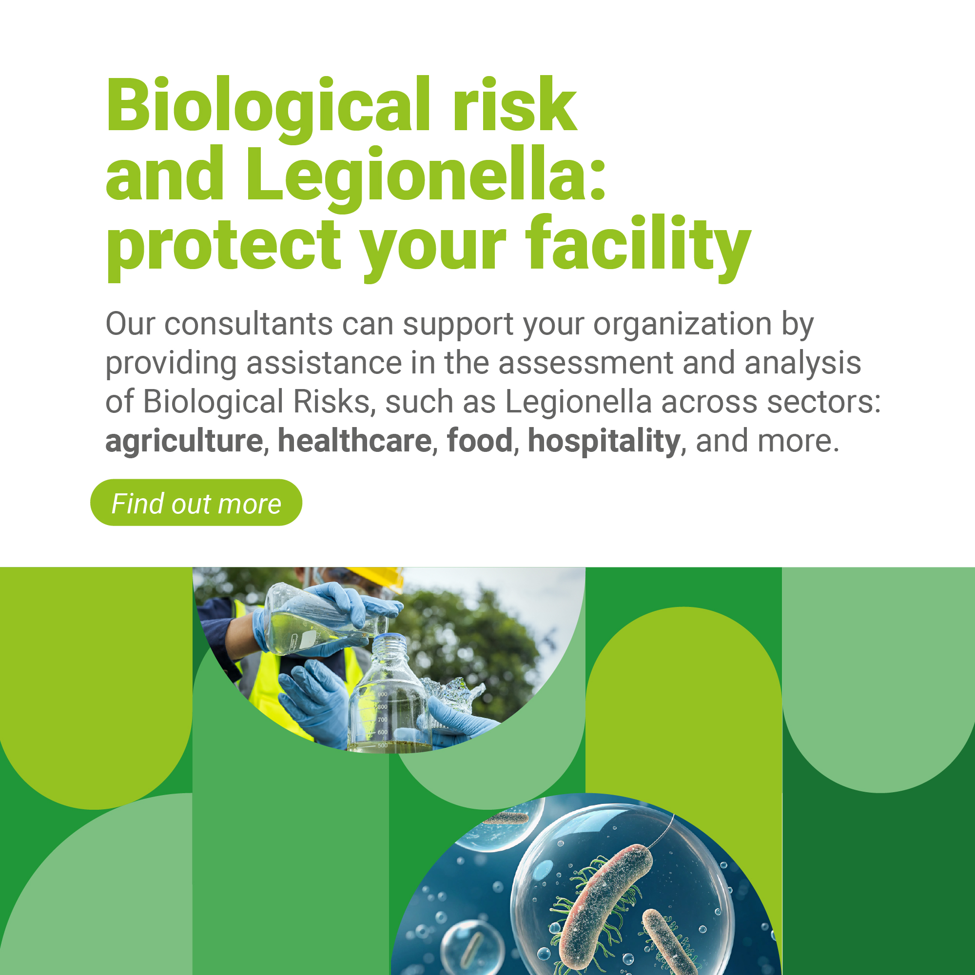 Image representing biological risk and Legionella prevention showing laboratory water sampling and microscopic bacteria illustration in a green graphic as the EHS Business Unit, symbolizing risk assessment, monitoring and facility protection across healthcare, food, hospitality and environmental sectors