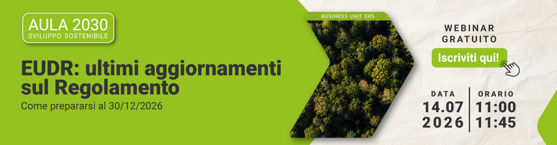 Immagine una zona verde con chiome degli alberi viste dall'alto con ripresa aerea, simbolo del webinar gratuito EHS che tratta l'argomento EUDR: ultimi aggiornamenti sul Regolamento, come prepararsi alla data del 30/12/2026