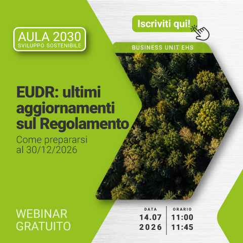 Immagine una zona verde con chiome degli alberi viste dall'alto con ripresa aerea, simbolo del webinar gratuito EHS che tratta l'argomento EUDR: ultimi aggiornamenti sul Regolamento, come prepararsi alla data del 30/12/2026