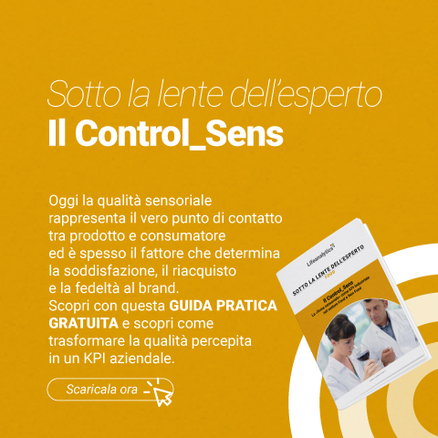 Immagine di un un uomo e una donna intenta ad annusare un bicchiere di vino rosso, simbolo della copertina della pubblicazione della business unit Food di Lifeanalytics sul Control_Sens e la «firma sensoriale» come KPI Industriale nel settore Food e Non Food
