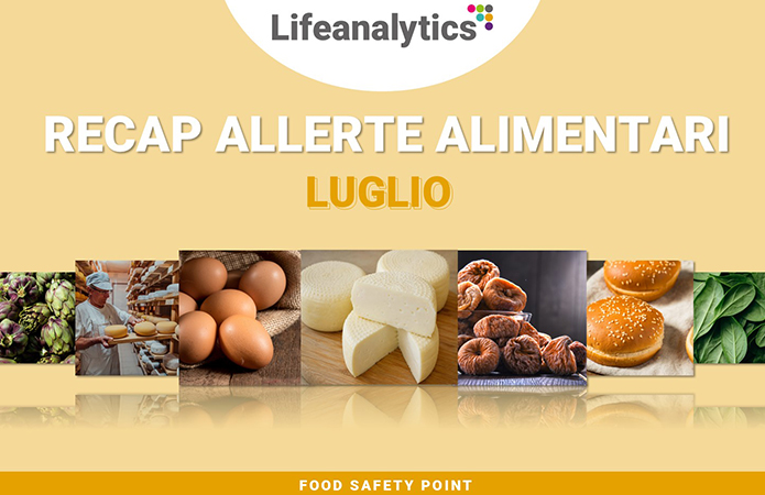 Insieme di fotografie di alimenti come carciofi sott'olio, formaggio di capra e caciotta fresca, fichi essiccati biologici, spinaci baby leaf, uova fresche, simbolo dell'articolo del blog della business unit food di Lifeanalytics sulle allerte alimentari di luglio 2026