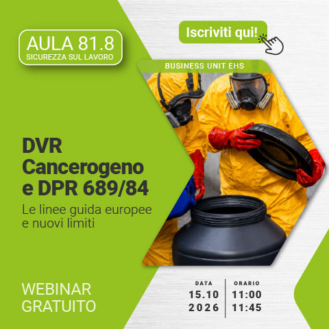 Immagine di operatori con tute protettive, maschere respiratorie e dispositivi di protezione individuale durante la gestione di sostanze chimiche, simbolo del webinar gratuito EHS dedicato al DVR Cancerogeno e al DPR 689/84, con focus sulle linee guida europee e sui nuovi limiti.