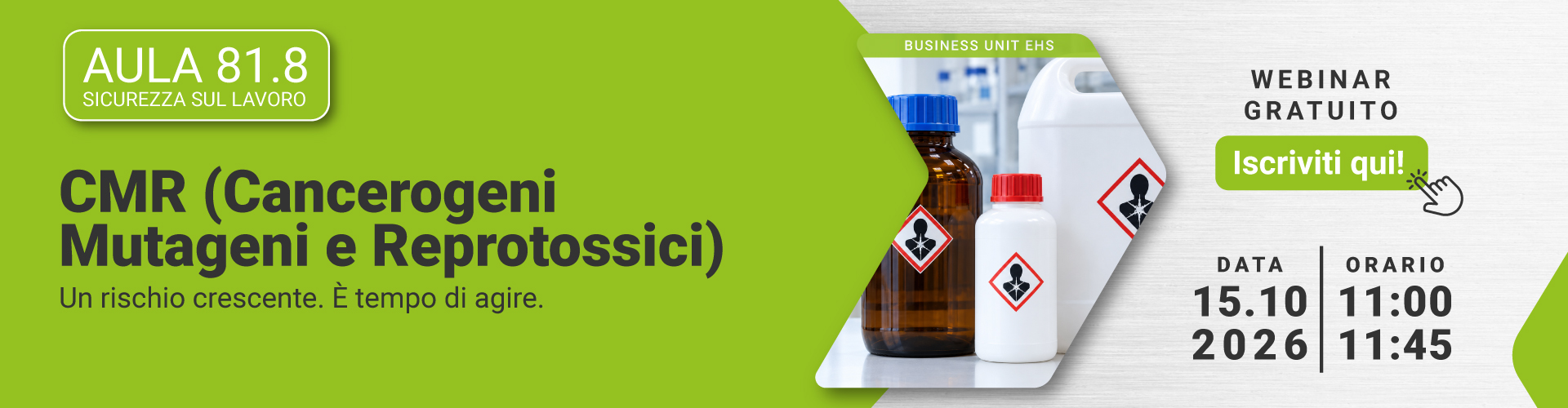 Immagine di contenitori e flaconi per sostanze chimiche con pittogrammi di pericolo per la salute, simbolo del webinar gratuito Ecol Studio_Lifeanalytics Business Unit EHS dedicato agli agenti CMR (cancerogeni, mutageni e reprotossici), con focus sulla gestione del rischio e sulla sicurezza sul lavoro