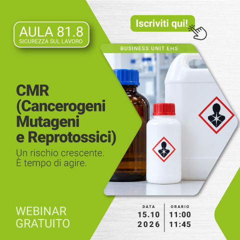 Immagine di contenitori e flaconi per sostanze chimiche con pittogrammi di pericolo per la salute, simbolo del webinar gratuito Ecol Studio_Lifeanalytics Business Unit EHS dedicato agli agenti CMR (cancerogeni, mutageni e reprotossici), con focus sulla gestione del rischio e sulla sicurezza sul lavoro