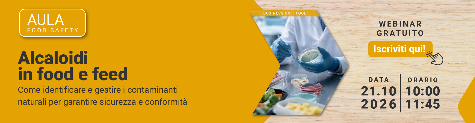 Immagine di cereali, farine, legumi e campioni alimentari in ambiente di laboratorio, simbolo del webinar gratuito Lifeanalytics Business Unit Food dedicato agli alcaloidi in Food e Feed, alla loro identificazione e alla gestione dei contaminanti naturali per garantire sicurezza e conformità.