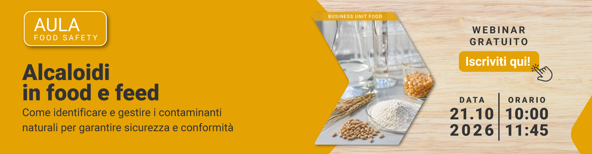 Immagine di cereali, farine, legumi e campioni alimentari in ambiente di laboratorio, simbolo del webinar gratuito Lifeanalytics Business Unit Food dedicato agli alcaloidi in Food e Feed, alla loro identificazione e alla gestione dei contaminanti naturali per garantire sicurezza e conformità.