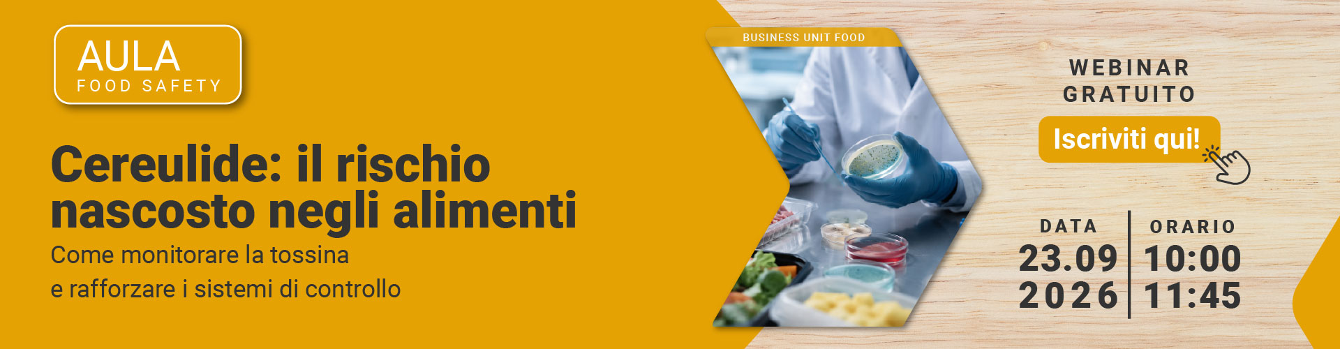 Immagine di un’operatrice di laboratorio durante l’analisi microbiologica di campioni alimentari, simbolo del webinar gratuito Lifeanalytics Business Unit Food dedicato al rischio Cereulide negli alimenti, al monitoraggio della tossina e al rafforzamento dei sistemi di controllo