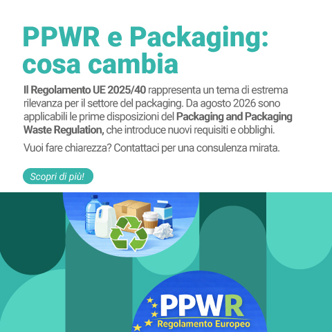 Banner informativo sul Regolamento UE 2025/40 (PPWR) e le novità per il settore del packaging, con illustrazioni di imballaggi, simbolo del riciclo e invito a richiedere una consulenza.