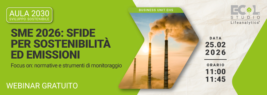 Immagine di 3 ciminiere in azione su uno sfondo di cielo e nuvole, simbolo del webinar gratuito EHS che tratta l'argomento SME 2026 con sfi