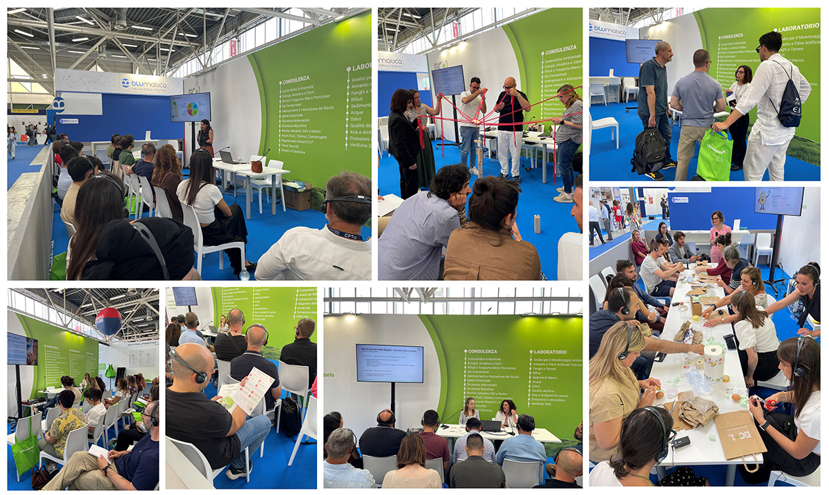 Collage di immagini dei partecipanti alla fiera Ambiente Lavoro 2025, intendi ad eseguire attività in fiera