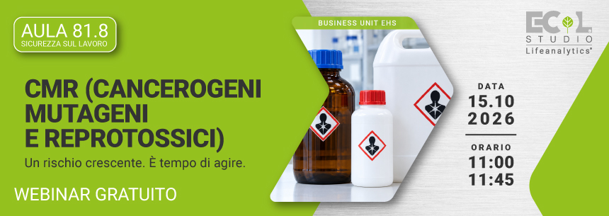 Immagine di contenitori e flaconi per sostanze chimiche con pittogrammi di pericolo per la salute, simbolo del webinar gratuito Eco