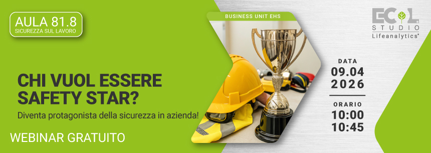 Immagine di un DPI tra cui giacchettino giallo catarifrangente e casco giallo con trofeo su una scrivania, simbolo del webinar gratuito