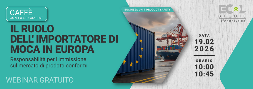 Immagine di un container blu con la bandiera dell'unione europea sul porto, simbolo del webinar gratuito PRODUCT SAFETY ch